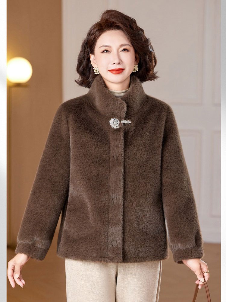 时尚皮毛一体绒气质显瘦立领保暖外套·咖色