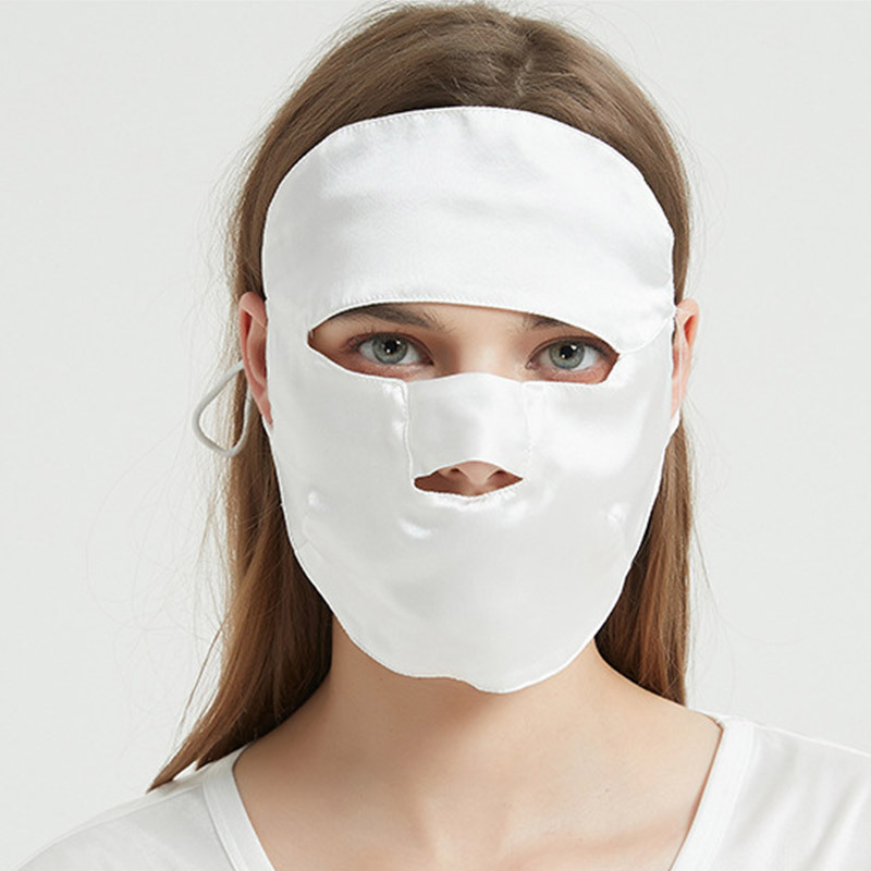 100%双层桑蚕丝全脸防晒透气丝滑面罩·白色-短款