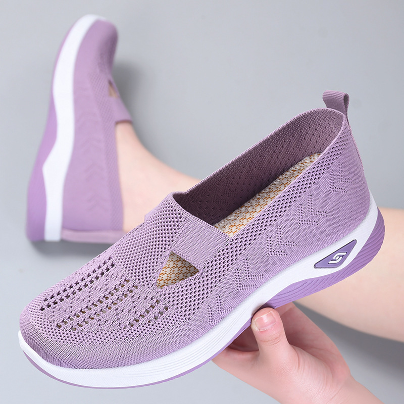 爆款镂空透气增高缓震一脚蹬轻便防滑飞织鞋·浅紫色