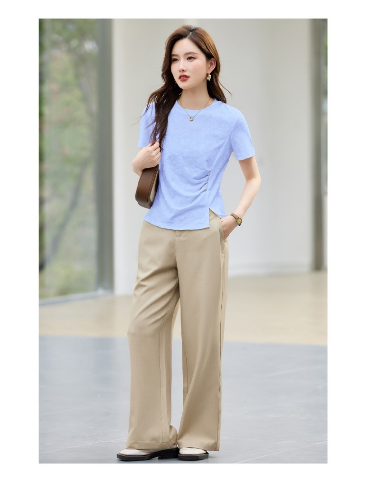 轩凌子暗纹提花抽褶T恤XS82620046·天蓝色