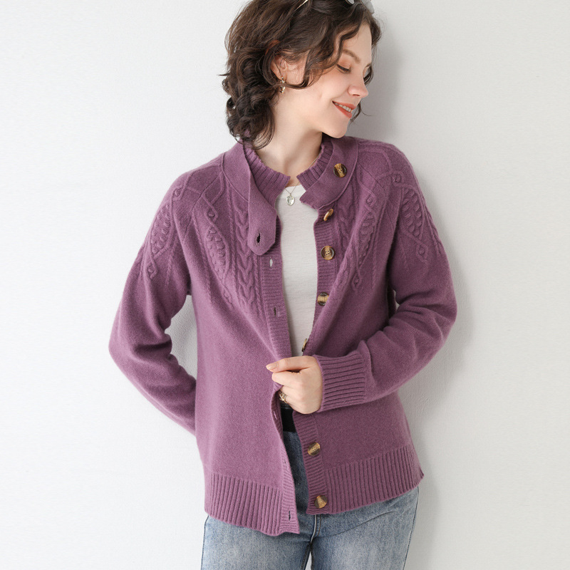 纯羊毛 时尚麻花针织开衫毛衣·紫色