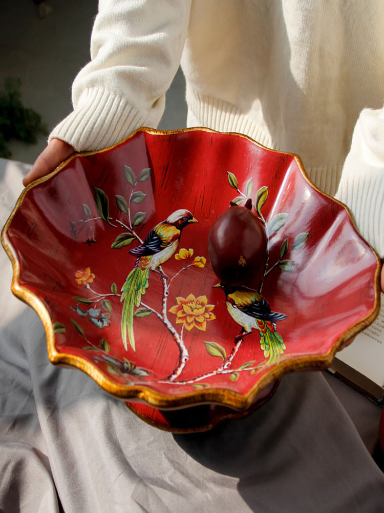 新中式家用创意陶瓷红地对鸟水果盘 椭圆形
