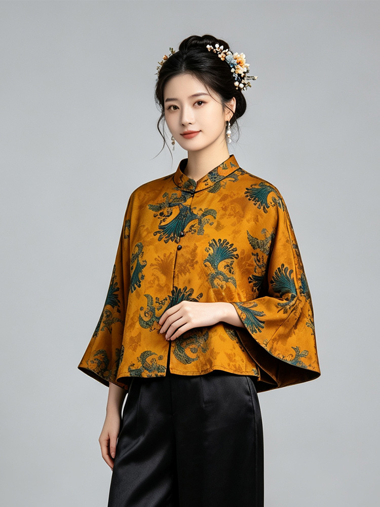 锦纯桑蚕丝香云纱重缎罗上衣365619·金黄