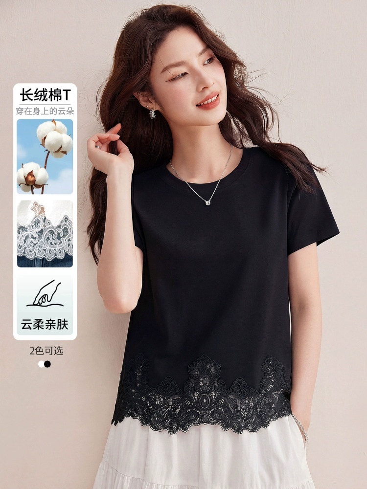 【90罗纹棉】修娴蕾丝拼接T恤W71·白色
