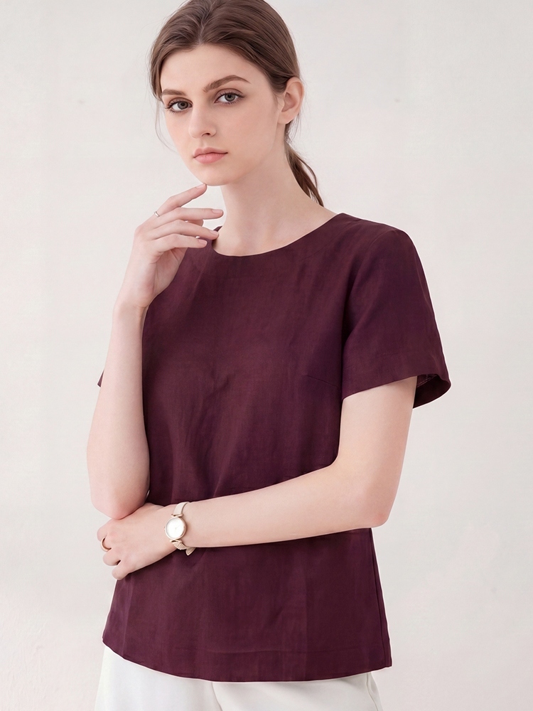 鳄鱼恤女士100汉麻短袖·酒红