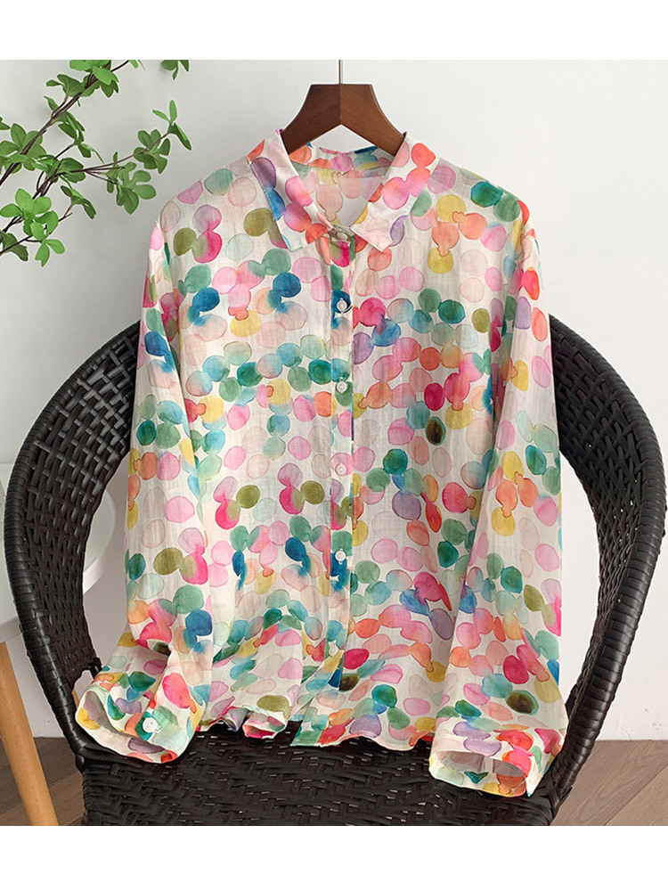 纯棉时尚印花文艺宽松显瘦百搭防晒长袖衬衫·绿底波点