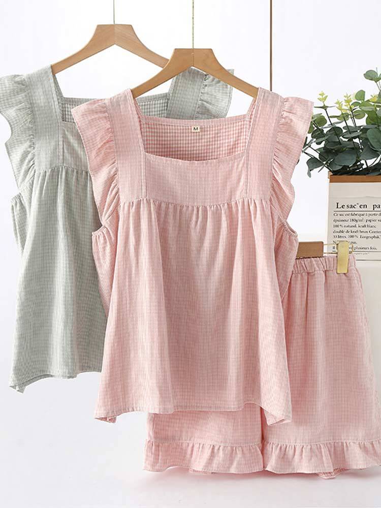 新款夏季纯棉双层纱布睡衣可外穿家居服套装·YY-纱布-方领无袖短裤睡衣套装（女）粉色