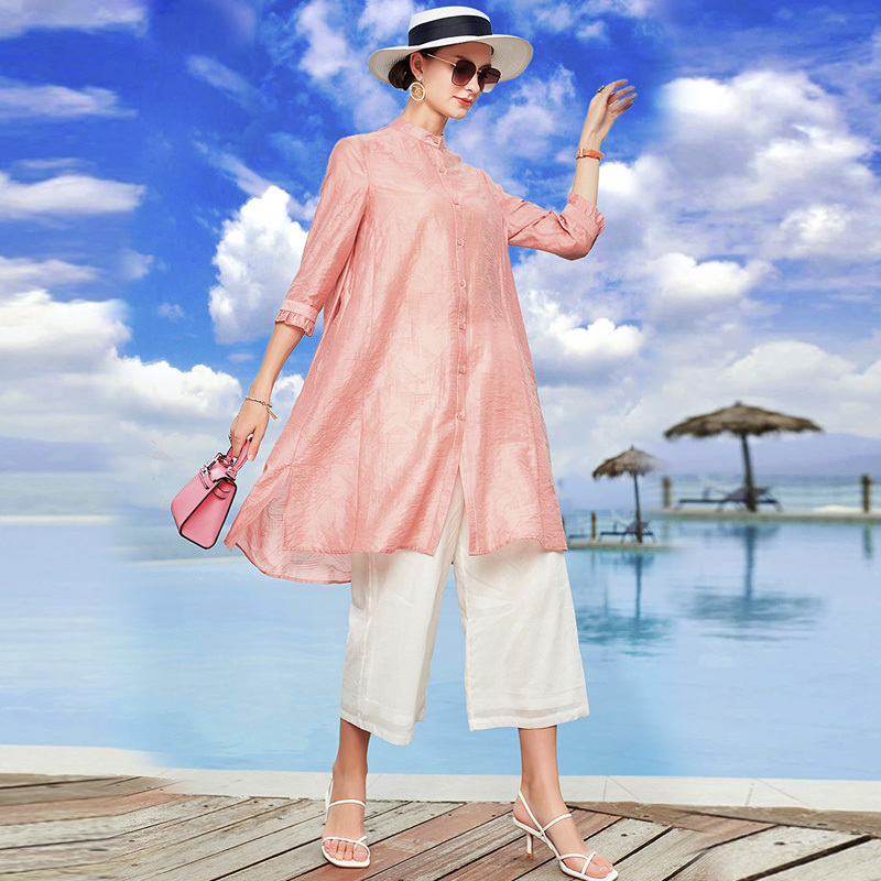 丁摩 夏季新款天丝提花时尚洋气百搭宽松衬衫防晒衣开衫薄外套20-167·粉色
