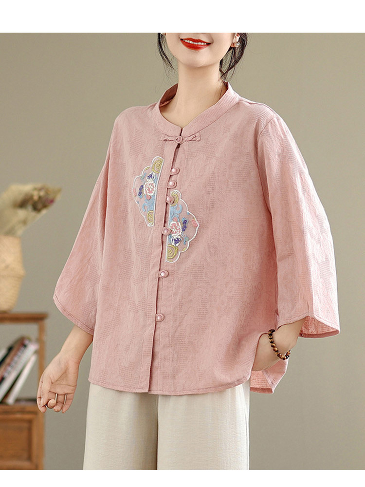 棉麻刺绣复古盘扣气质显瘦上衣·粉色上衣