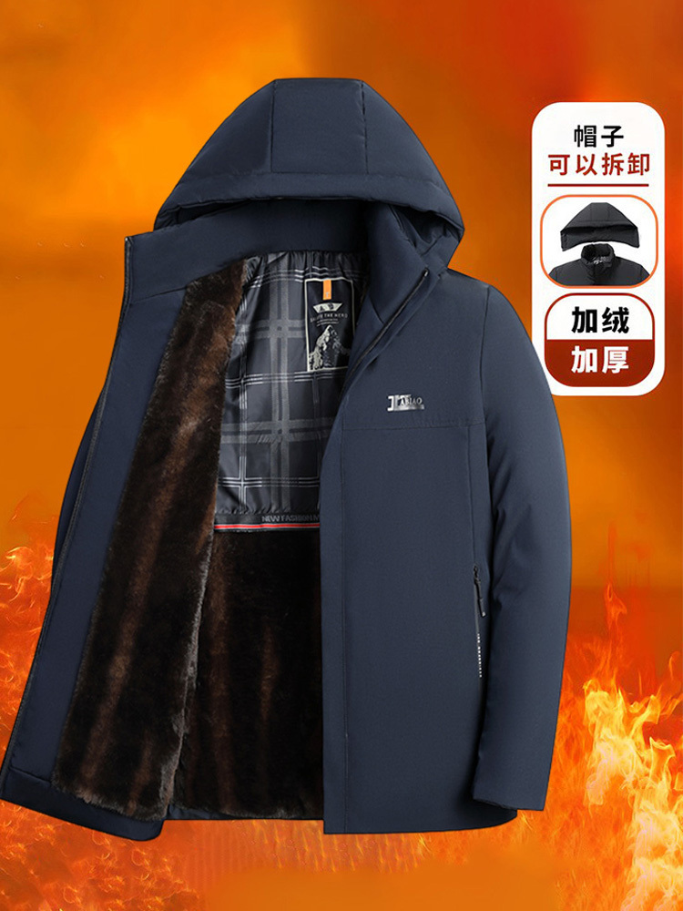 【爆款特价/防风保暖】可拆卸连帽加绒加厚防风派克男士外套·深蓝加绒
