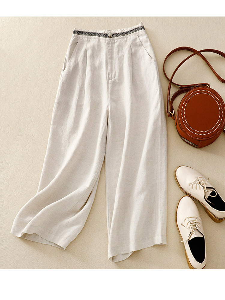 新款棉麻刺绣腰头大码宽松显瘦百搭七分阔腿裤·黄色