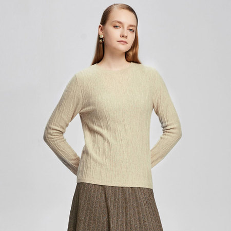 米皇正品秋冬新款圆领套头羊绒衫女纯色提花纯羊绒毛衣针织打底衫