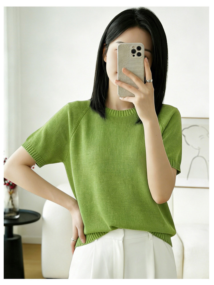 新款圆领冰丝透气宽松减龄百搭针织短袖·红色