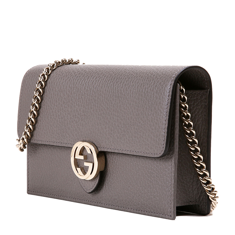 gucci outlets 古驰奥莱 女士荔枝纹牛皮双g扣链条单肩斜挎包·灰色