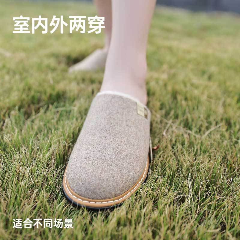 Pansy日本女士拖鞋居家室内包头加厚羊毛保暖简约防滑家居冬HD9030·米色