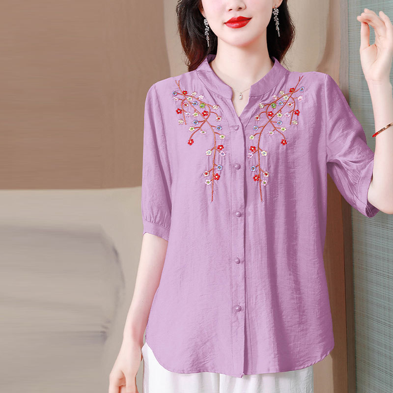 新款棉麻刺绣小V领宽松大码短袖上衣·紫色