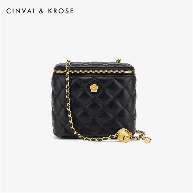 CinvaiKrose 包包潮牛皮斜挎包女金球链条单肩包女包B6230·钢琴黑