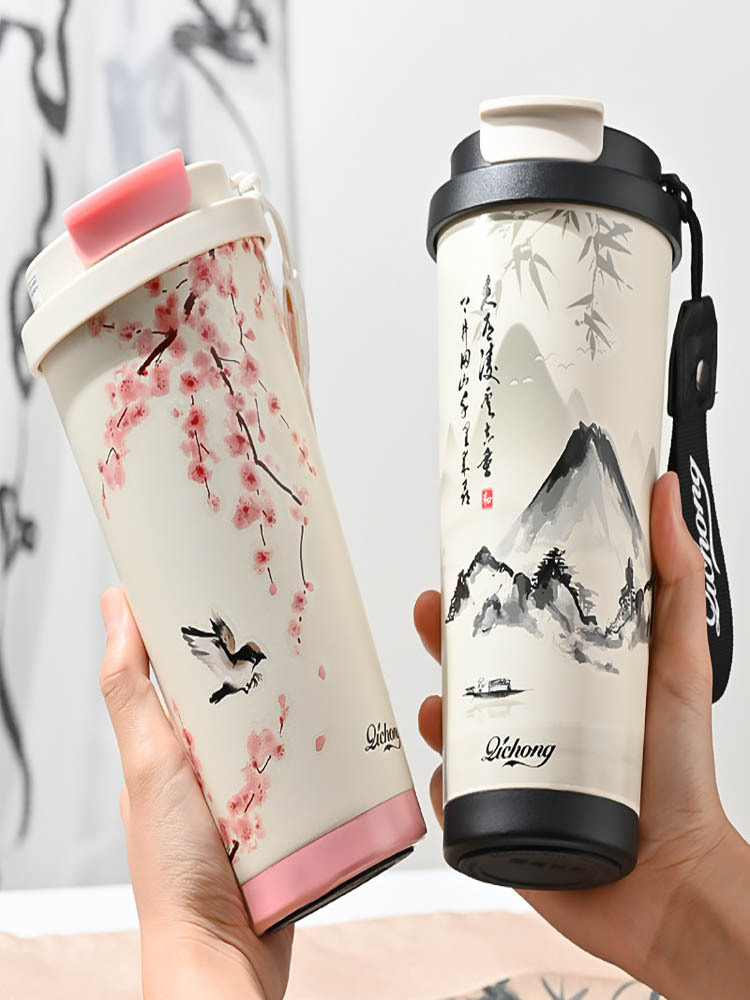 (两只装）新中式提手保温杯500ml·陶瓷内胆款(江山如画+鸟语花香)