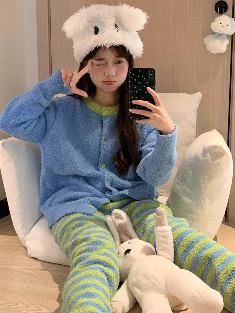 丽鸟儿新款韩版高级条纹珍贝绒睡衣休闲家居服可外穿·FSZY-韩版高级条纹图片色