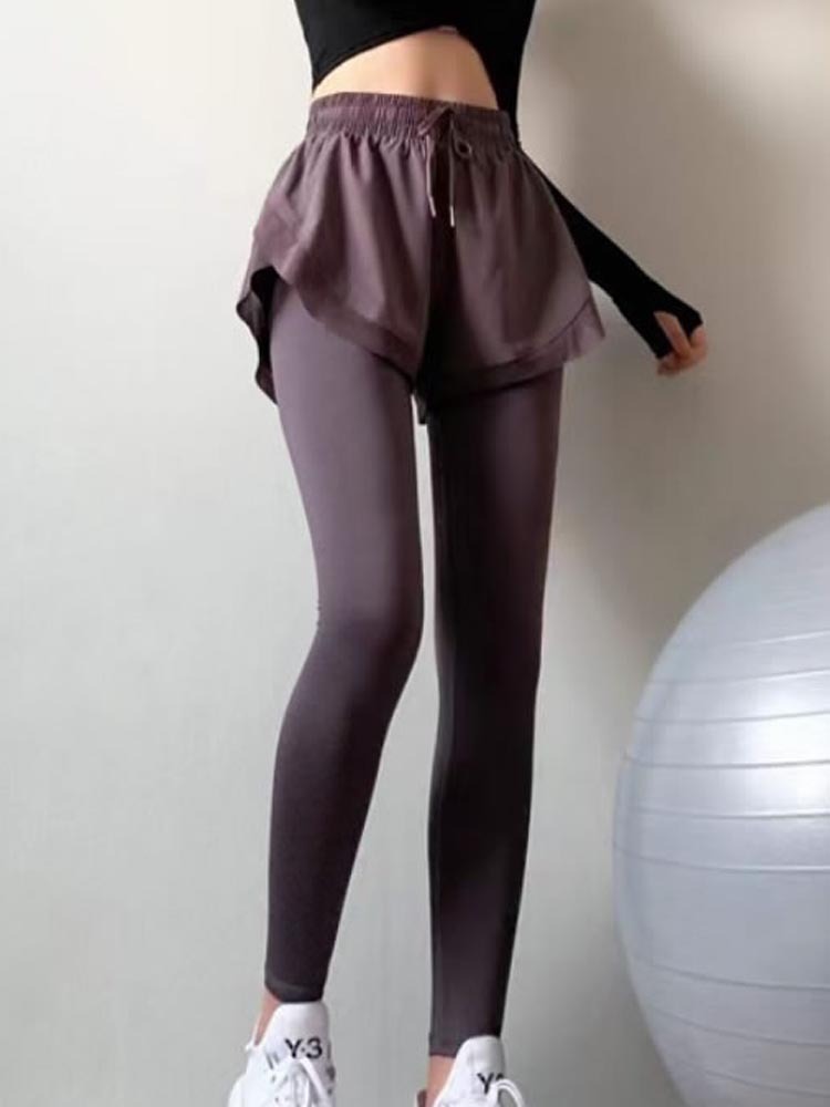 妖歌(SSYAOGE) 大码假两件瑜伽健身长裤女弹力紧身速干透气健身裤0288·紫色