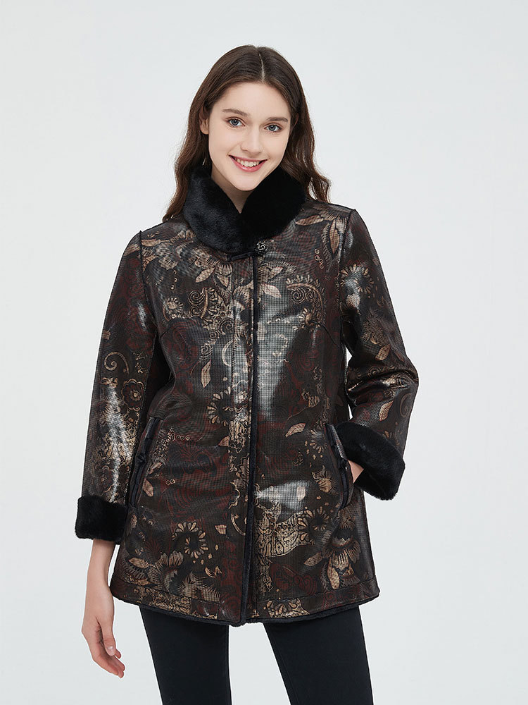 伊俪佳人浪漫烫金印花加绒外套·红咖色