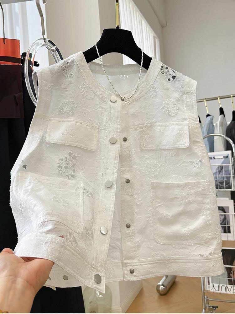 婵阅专柜高货高级感韩系镂空提花外穿时尚马甲·22853-米色