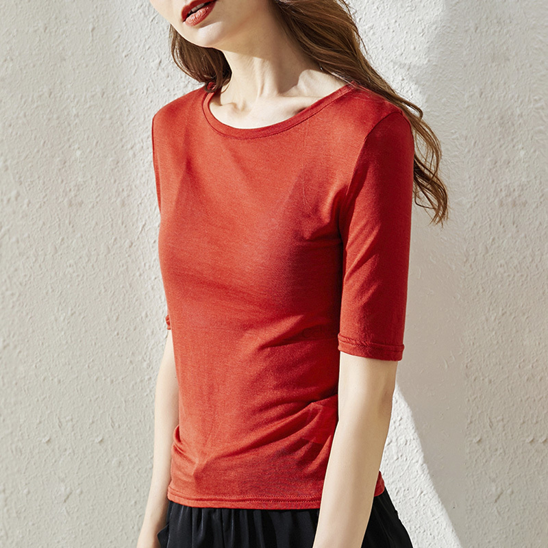 丁摩 天丝羊毛超细薄款针织圆领T恤夏季女士上衣M16·酒红色