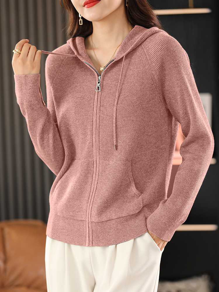 新款纯色坑条显瘦品质拉链连帽百搭外套·皮粉