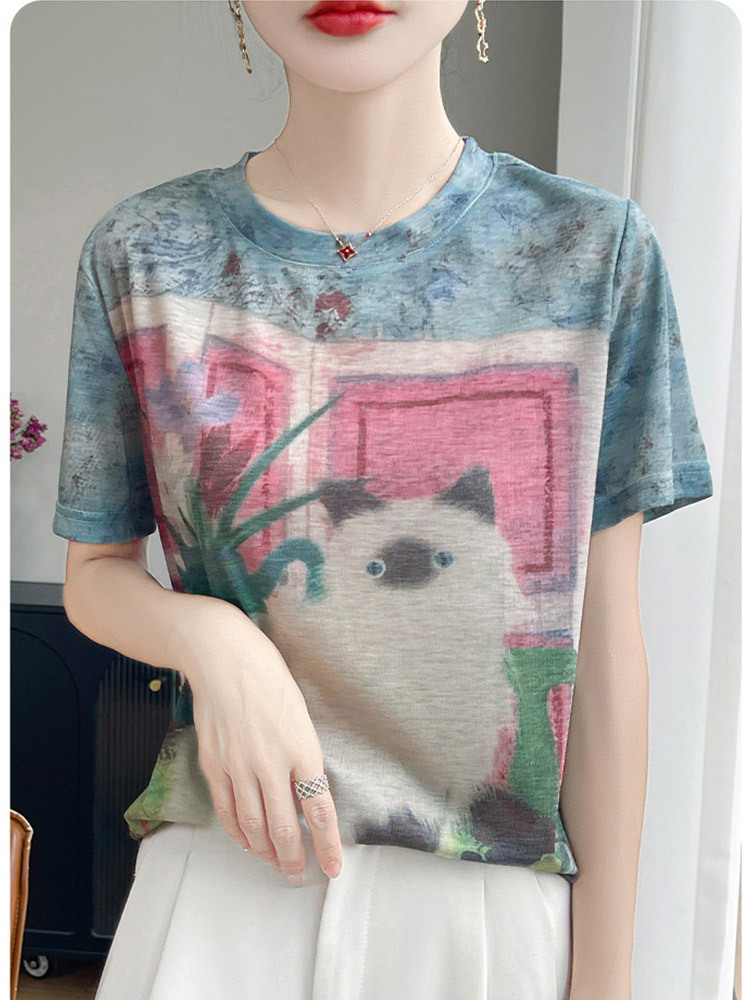 新款超细纤维晕染印花宽松时尚圆领短袖·壁画上的猫