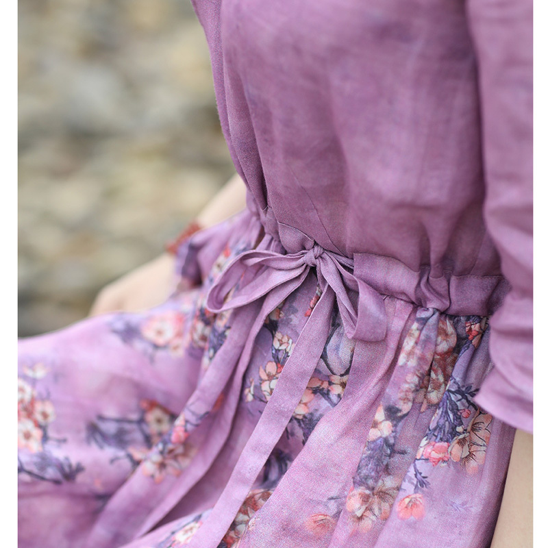 丁摩 新款旅行文艺仙气苎麻印花中长款裙子拼色连衣裙19-QL147·紫色