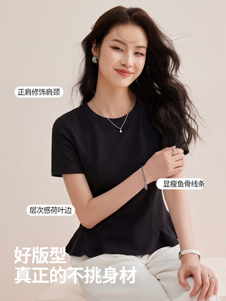 修娴拼接荷叶边下摆短袖T恤W61·天蓝