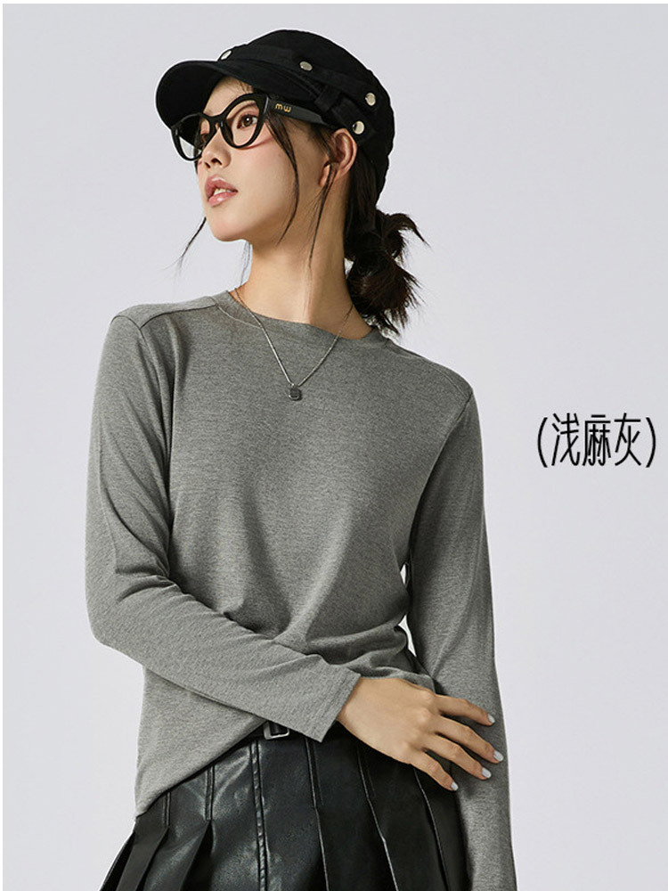 天丝羊毛纯色圆领长袖T恤打底衫2652#·白色