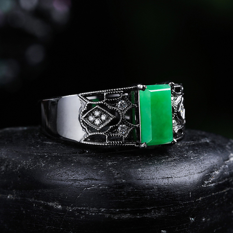 翡丽翠16精品18k金镶天然a货翡翠复古黑金款情侣戒指