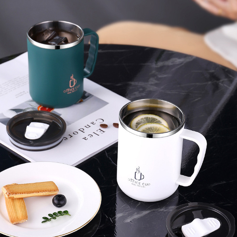 304不锈钢马克杯双层咖啡牛奶刻度口杯创意保温茶杯500ml·墨绿色