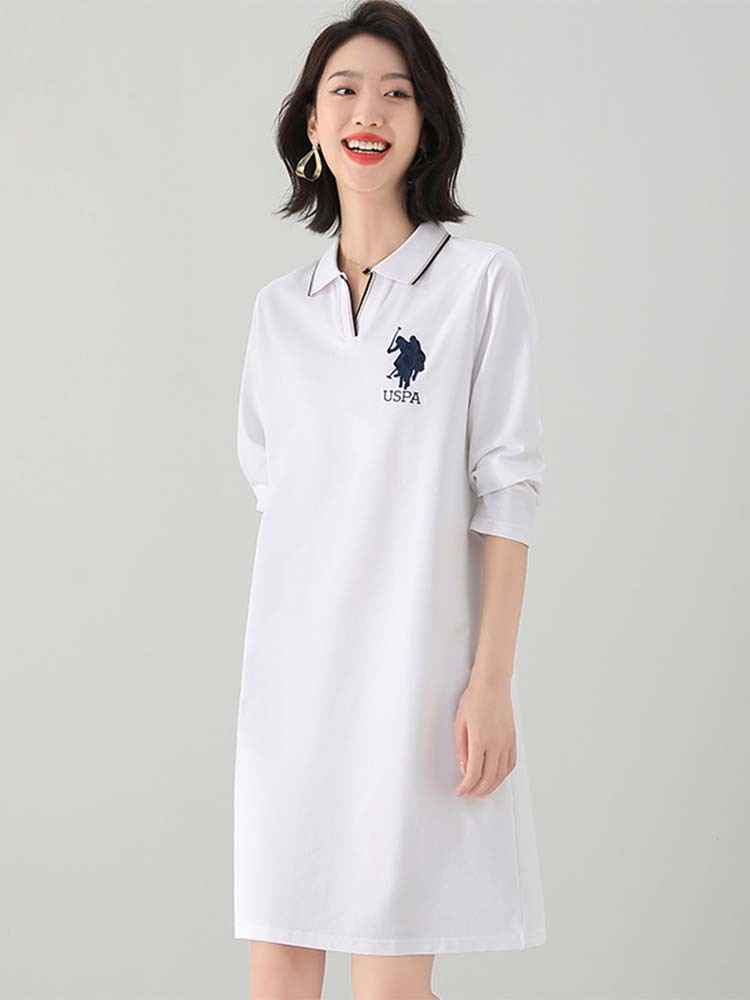 U.S.POLO ASSN.女士新款连衣裙休闲百搭长袖Polo裙3029·白色