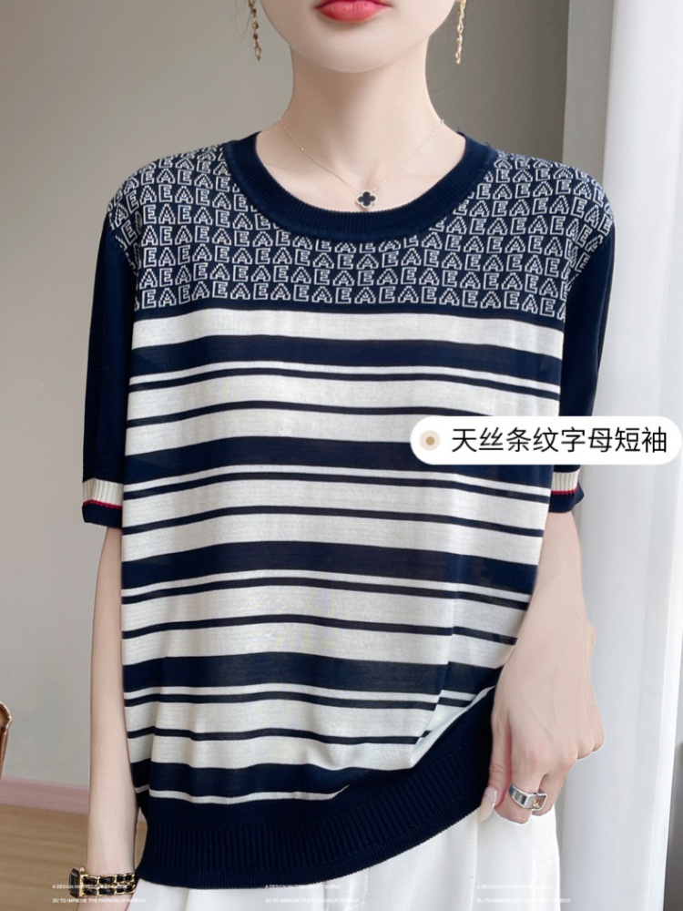 【丝滑天丝】特舒简约条纹显瘦针织衫TS-038·藏青色