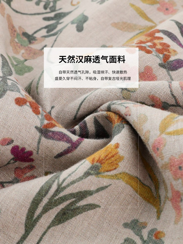 【100汉麻】可风各木耳边口袋碎花阔腿裤65063·青花卷草纹