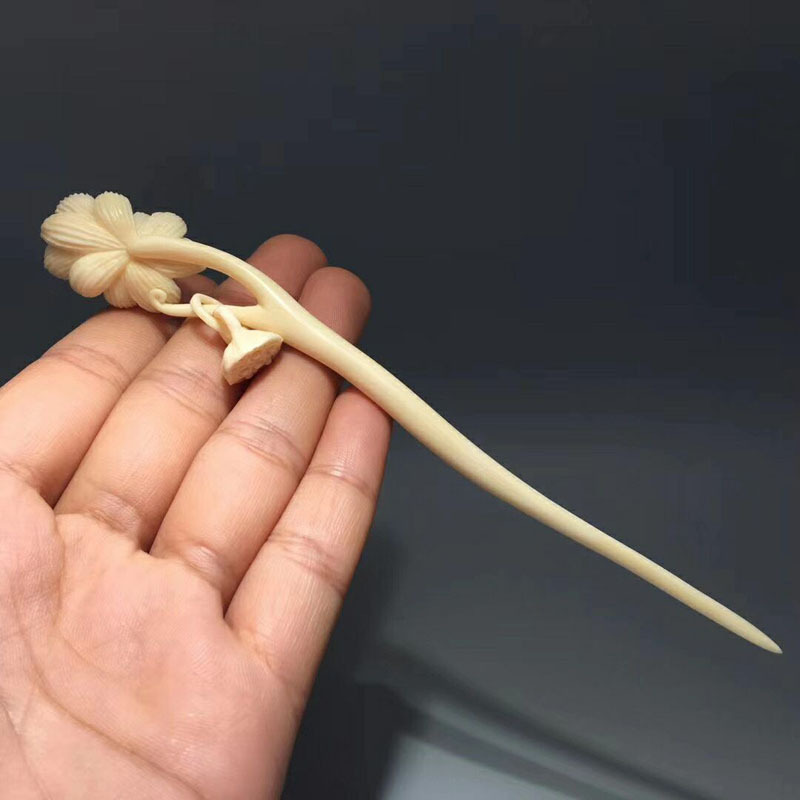 老冯记猛犸象牙精工莲花发簪优雅古国风十足上身古朴典雅大师手工精雕