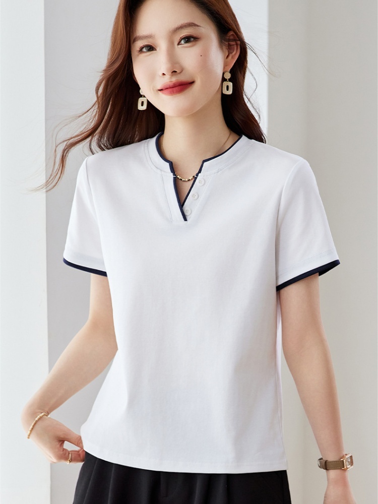 【92精梳棉】轩凌子拼色小V领短袖T恤S92524010·黑色