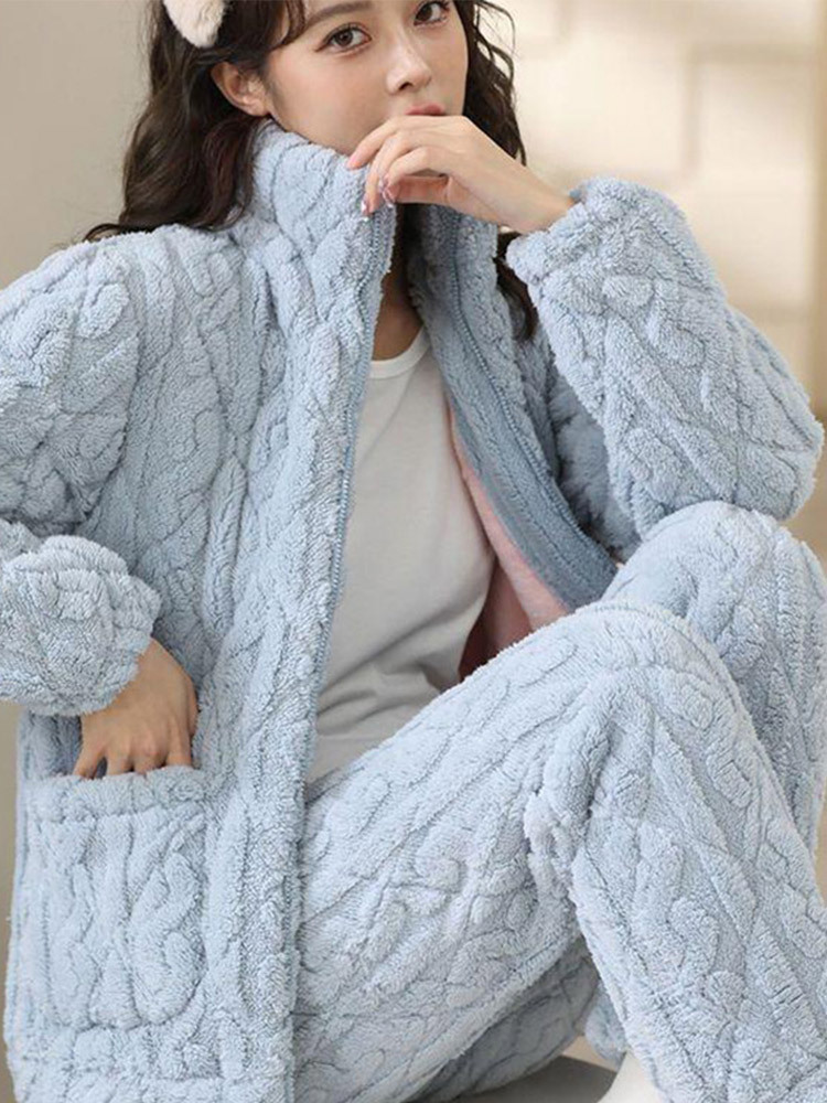 丽鸟儿冬季加厚法兰绒睡衣保暖家居服套装·JDL-001香芋紫拉链提花款