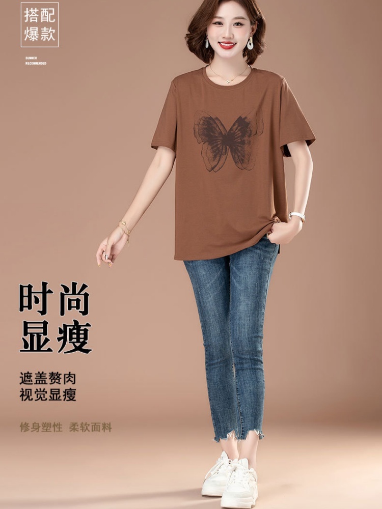 【95精梳棉】蓝萱大码蝴蝶印花短T恤WDR6629·咖啡色