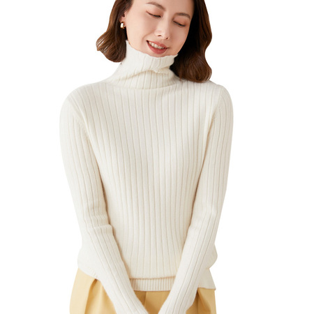 针织衫女纯色修身打底衫内搭堆堆领坑条毛衣买一送一hmn2155暖白色