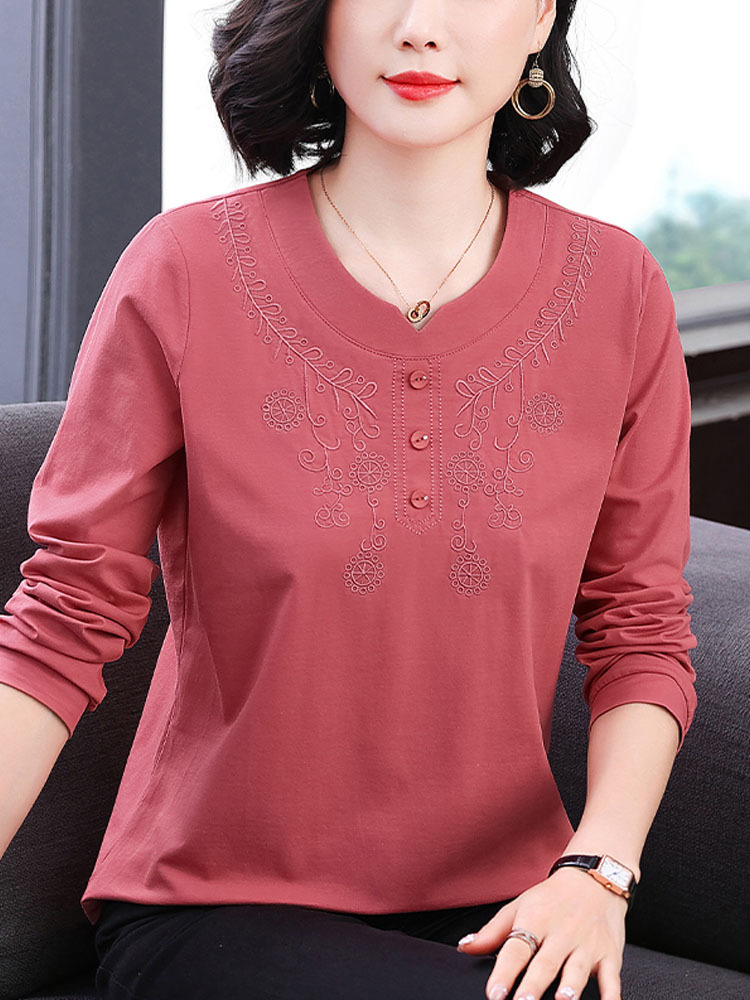 【95纯棉】新款刺绣宽松显瘦百搭圆领长袖上衣·西瓜红