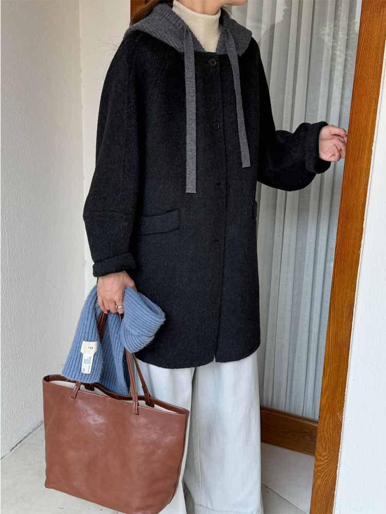 自我结界 直播特价秋冬新款针织连帽羊毛呢中长款大衣·深灰色