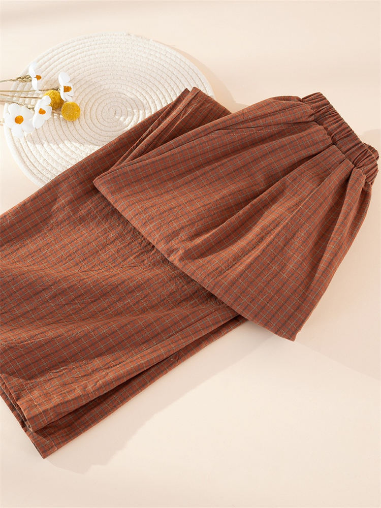 棉朵妮水洗棉-格子单品长裤（女）·莫奈格子红