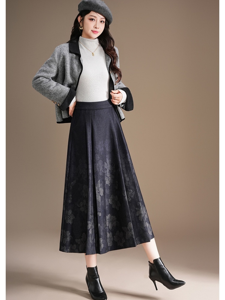 梦卓旋高雅印花毛呢半裙8090-18793·黑小花