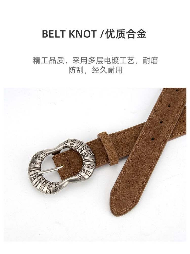 杜鹃鸟牛皮复古雕花腰带37745·深灰色
