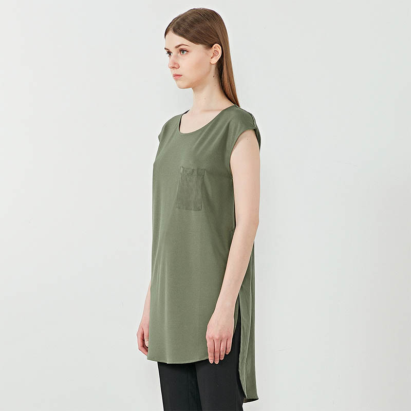 [质数ZS]女圆领带兜无袖T恤·绿色