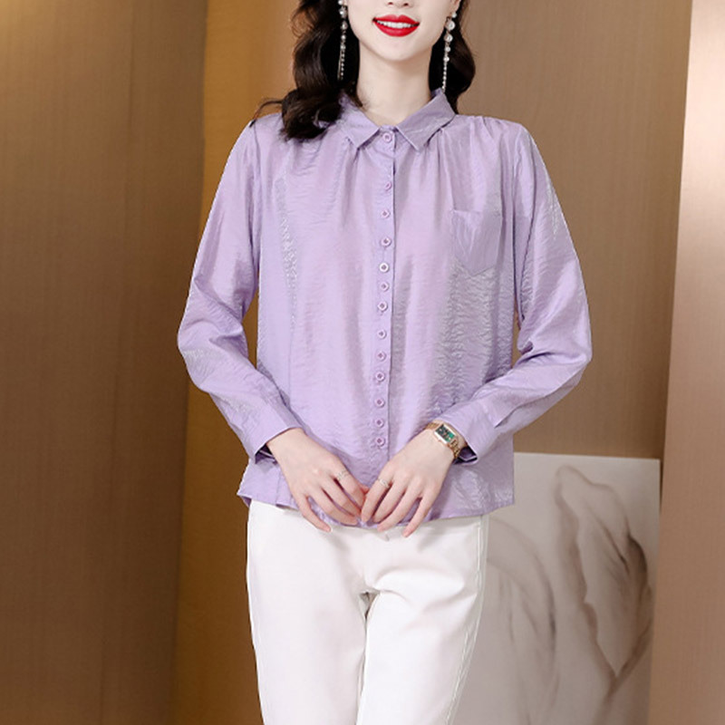 棉麻减龄优雅前短后长遮肚子长袖衬衫·宽松下摆-浅紫色