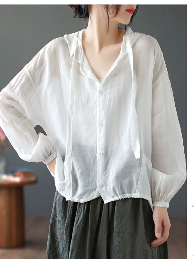 棉麻透气宽松百搭防晒连帽开衫·绿色